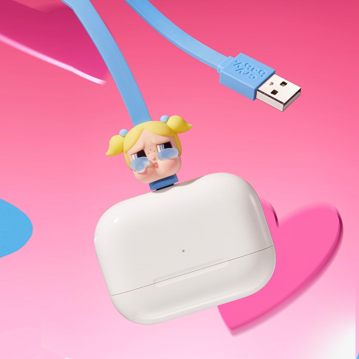 CRYBABY * Powerpuff Girls Series-Cable Blind Box CRYBABY x Flying Girl Police Series Data cable phone charging cable Trendy toy peripheral gifts type-C iphone